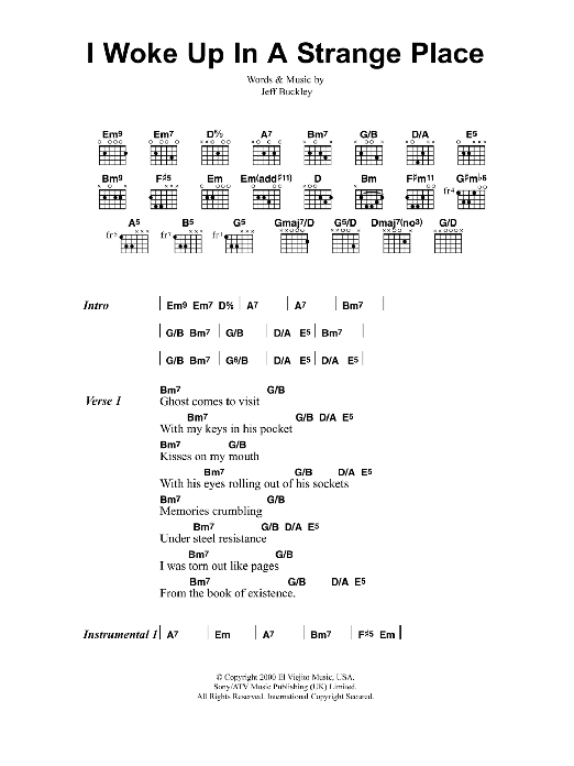 Jeff Buckley I Woke Up In A Strange Place Sheet Music