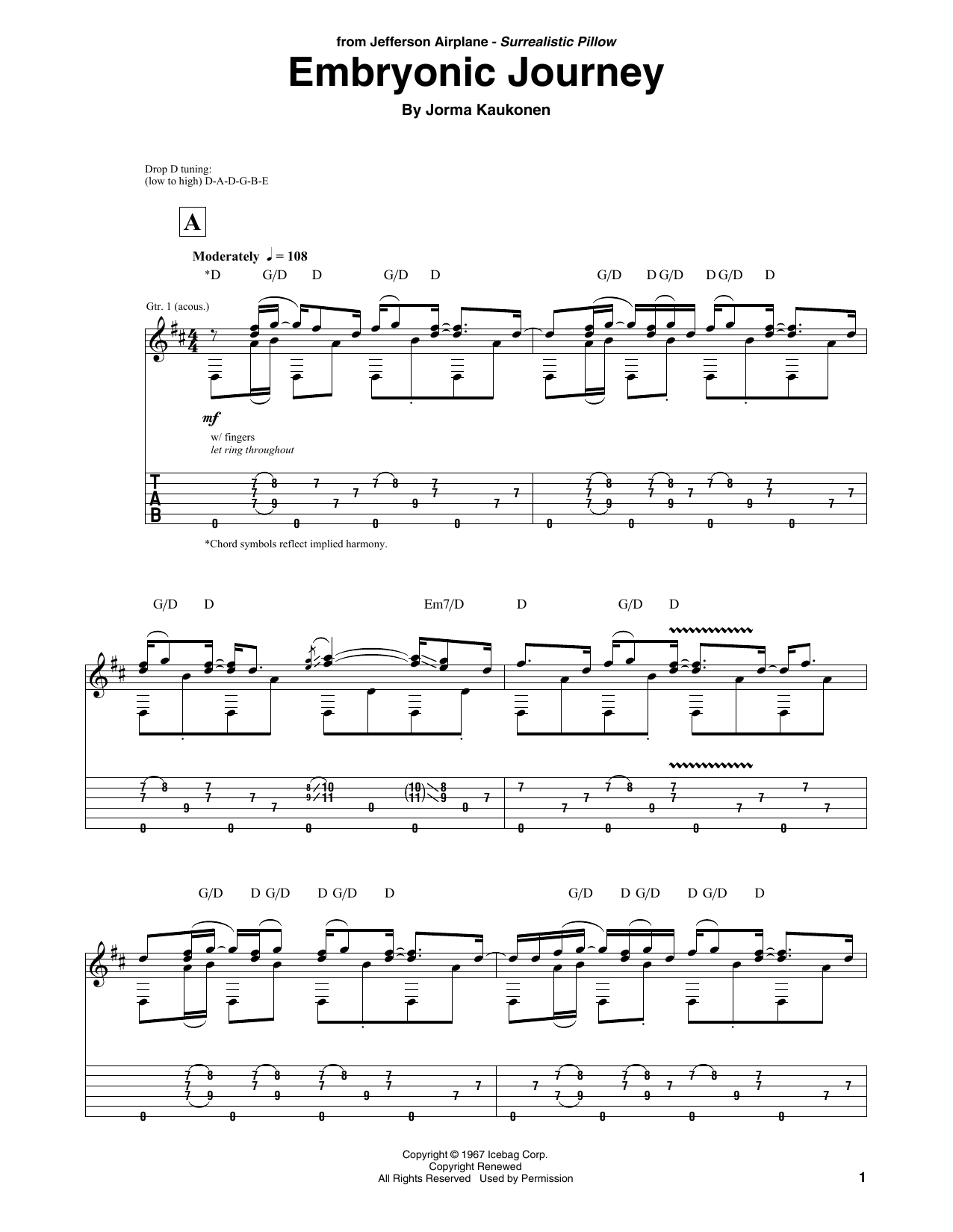 Jefferson Airplane Embryonic Journey Sheet Music