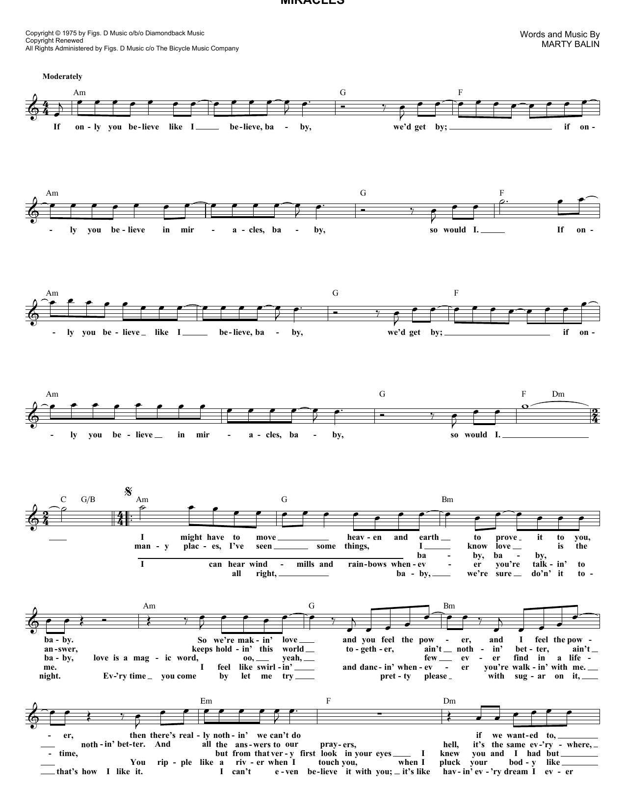Jefferson Starship Miracles Sheet Music