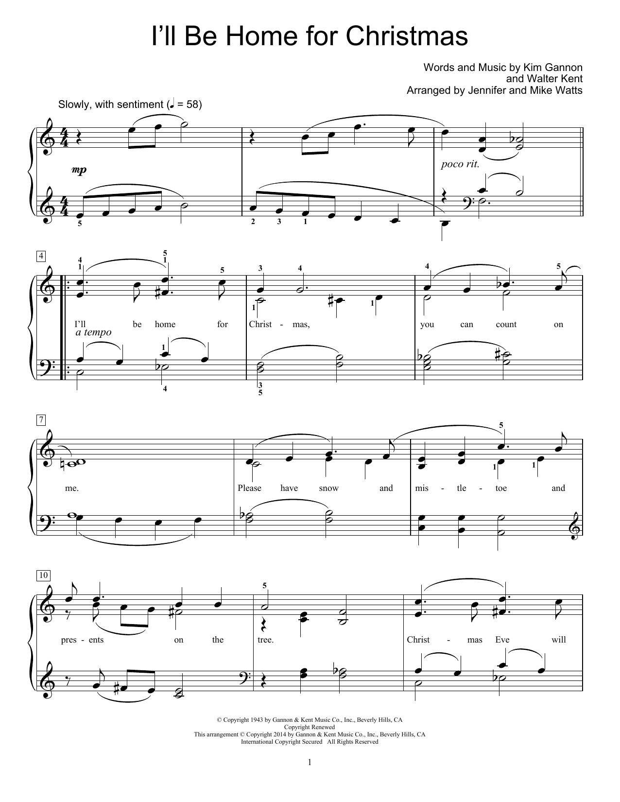 Jennifer and Mike Watts I'll Be Home For Christmas Sheet Music