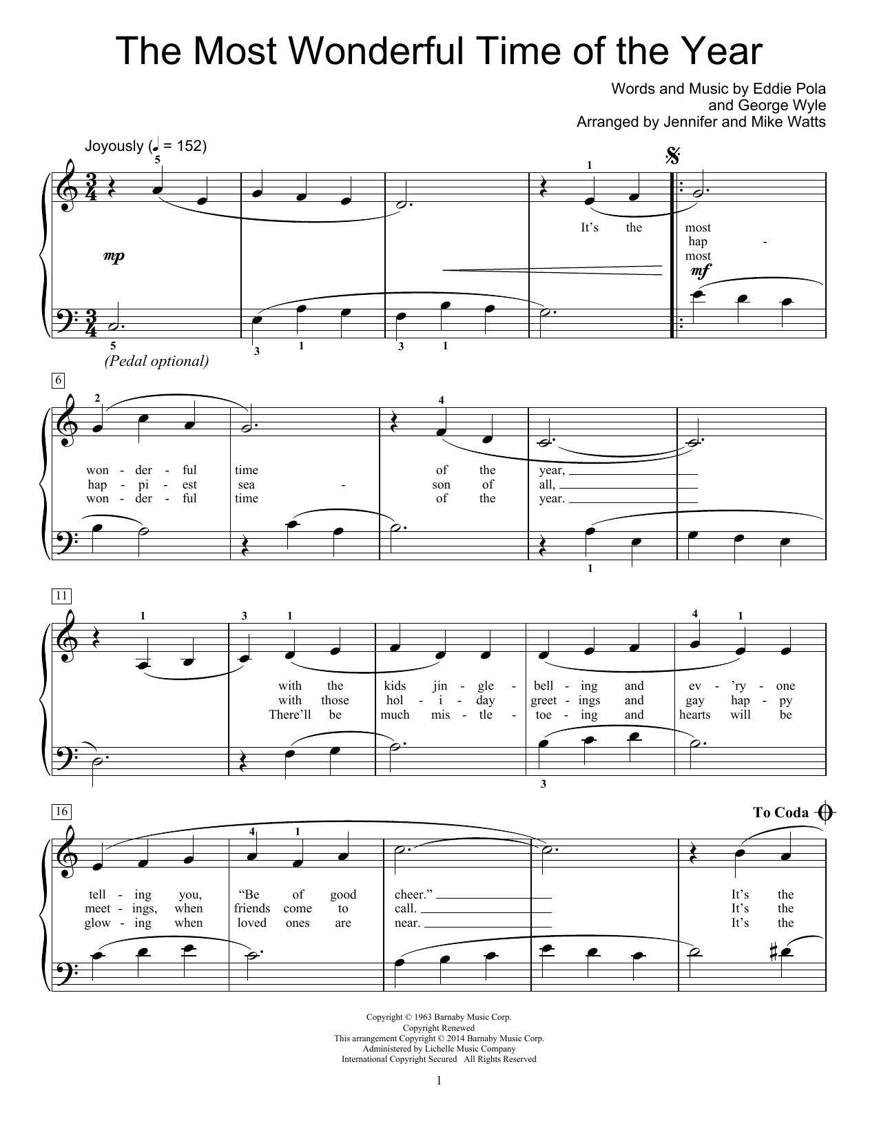 Jennifer Watts The Most Wonderful Time Of The Year Sheet Music