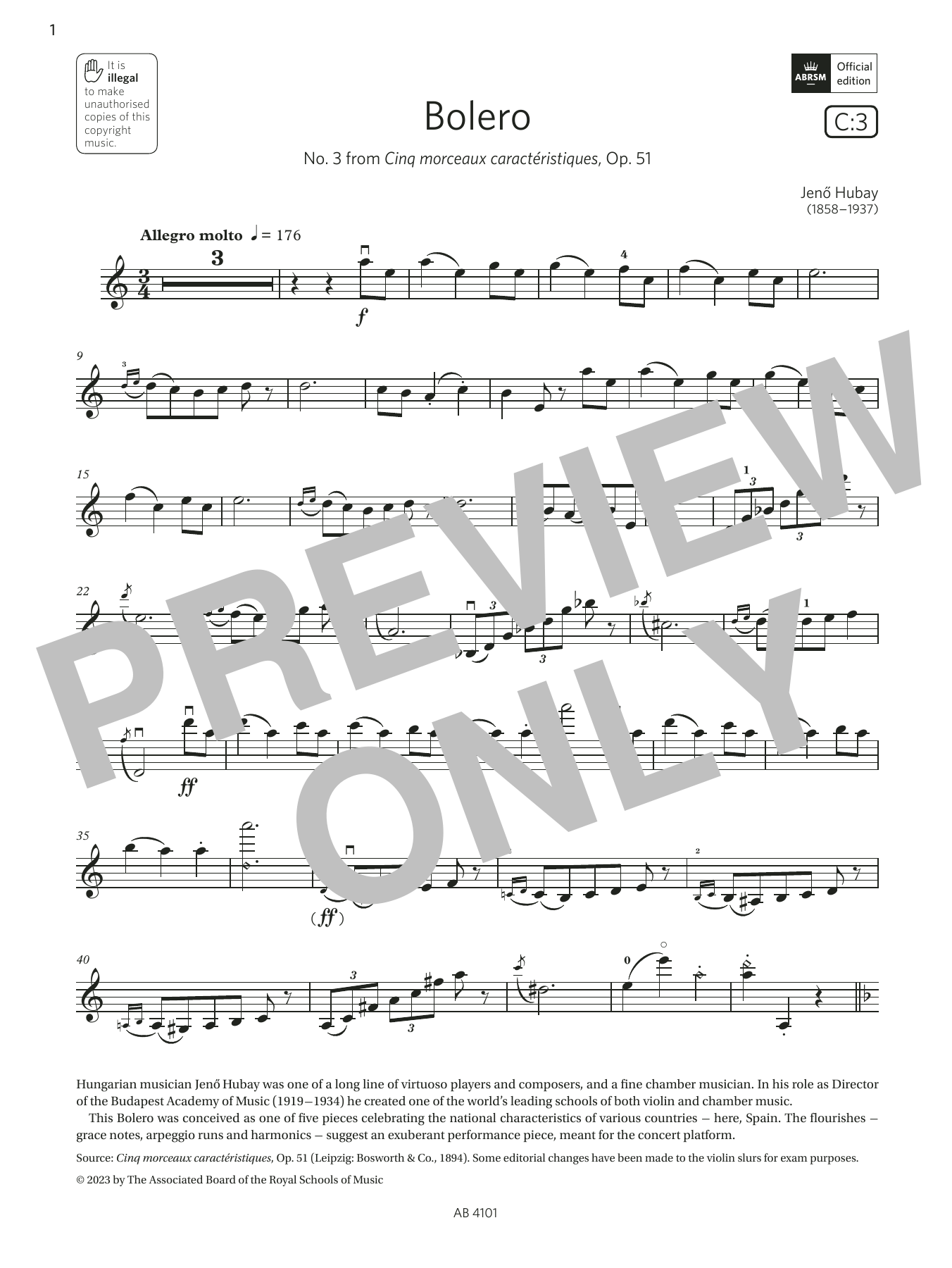 Jenő Hubay Bolero (Grade 7, C3, from the ABRSM Violin Syllabus from 2024) Sheet Music