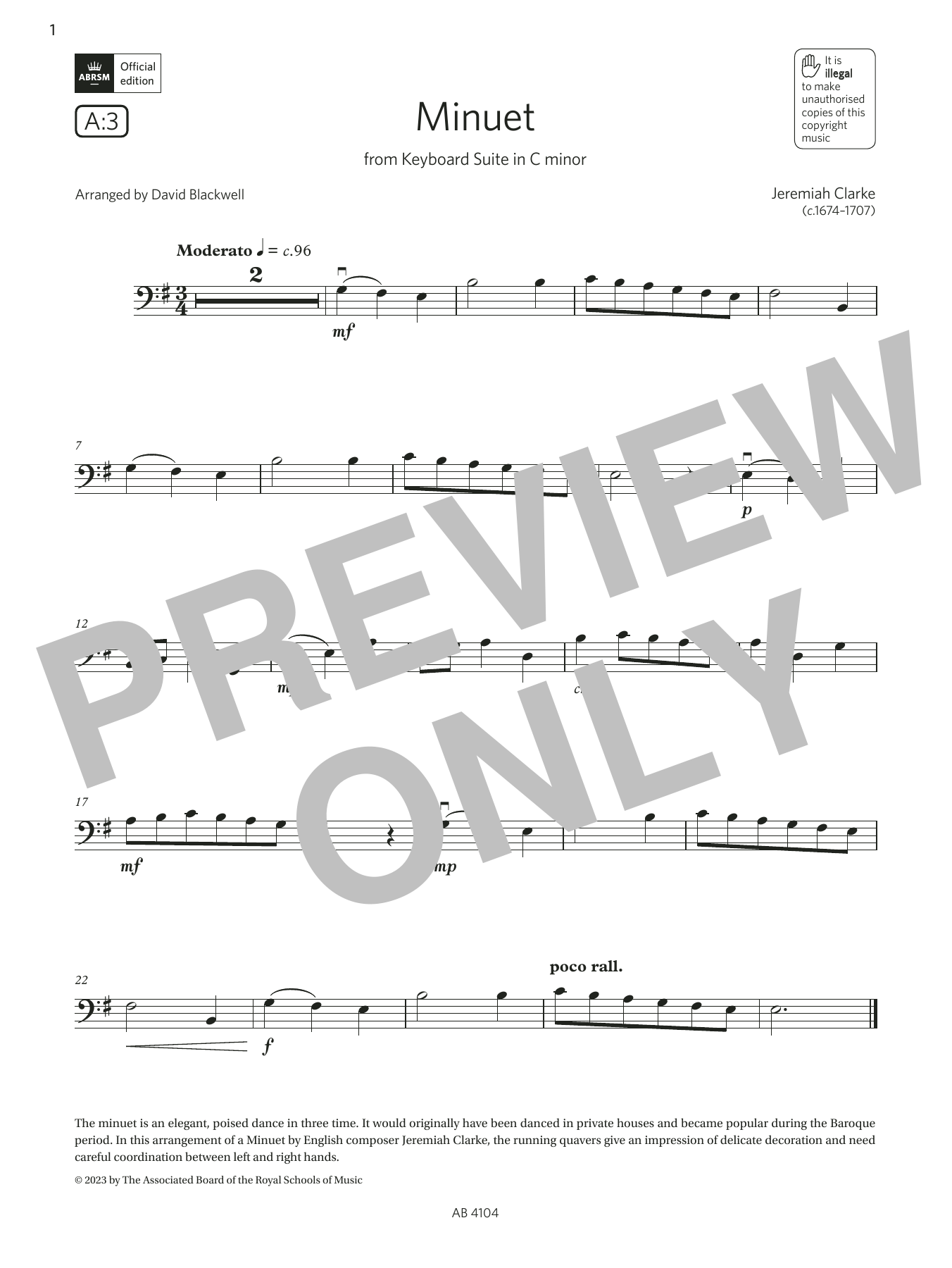Jeremiah Clarke Minuet (Grade 1, A3, from the ABRSM Cello Syllabus from 2024) Sheet Music