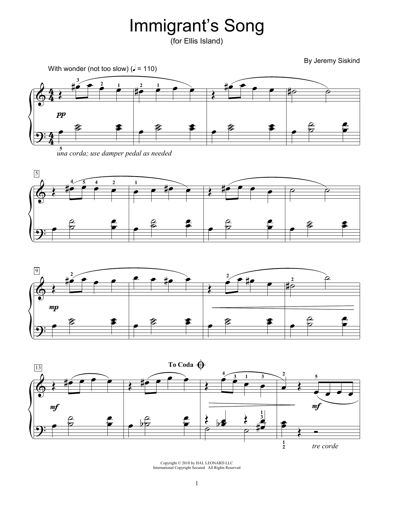 Jeremy Siskind Immigrant's Song Sheet Music