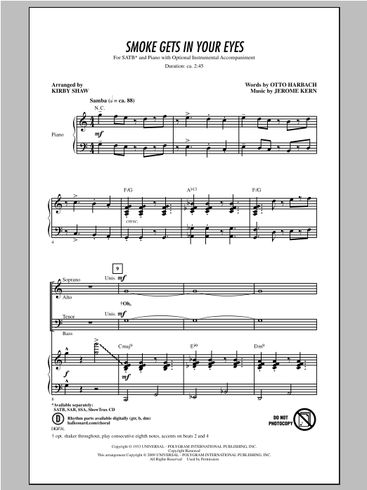 Jerome Kern Smoke Gets In Your Eyes (arr. Kirby Shaw) Sheet Music