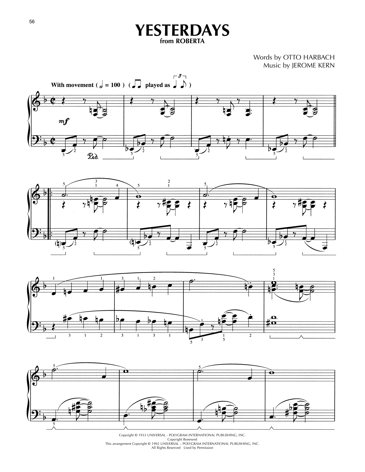Jerome Kern Yesterdays (from Roberta) (arr. Lee Evans) Sheet Music