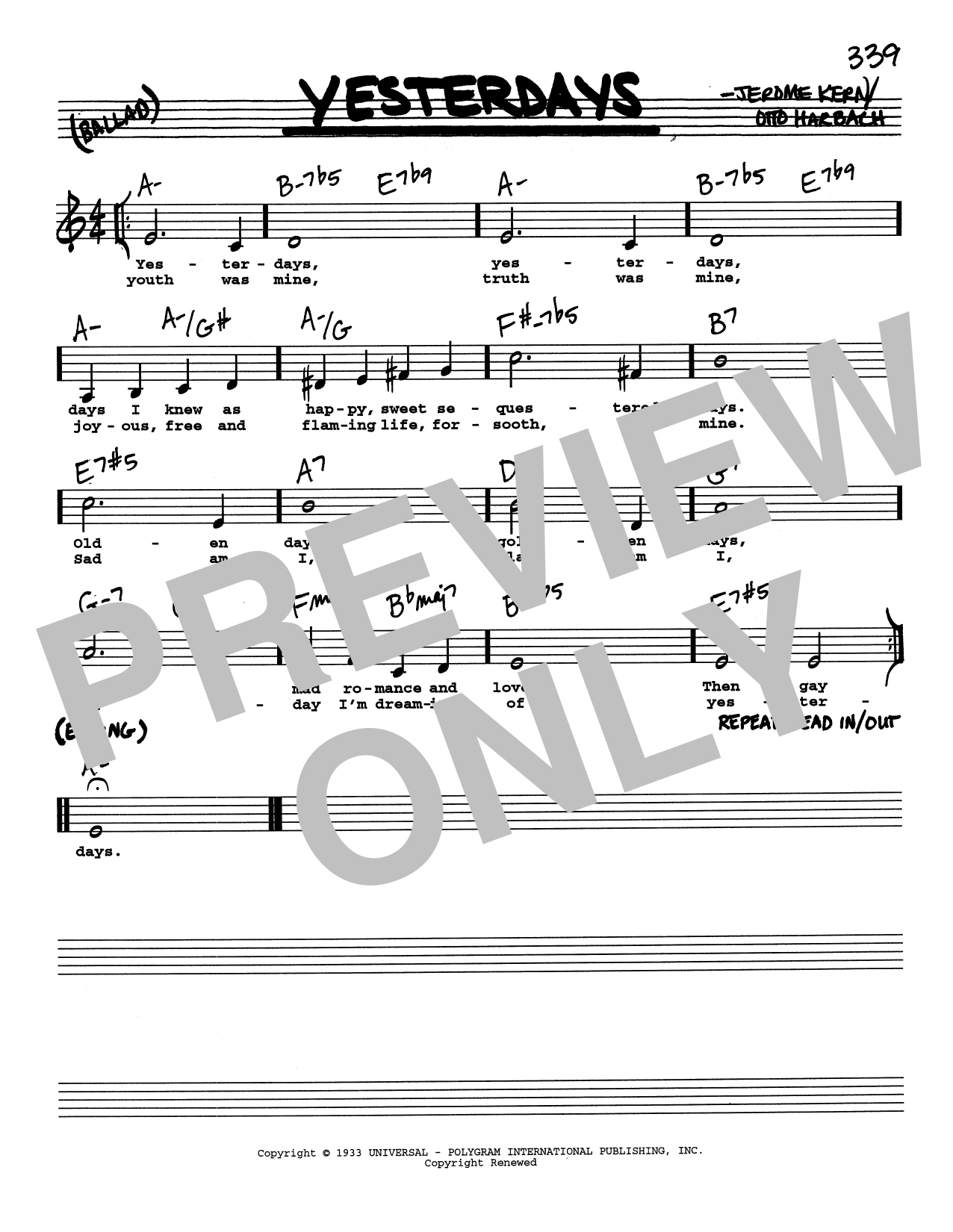 Jerome Kern Yesterdays (Low Voice) Sheet Music