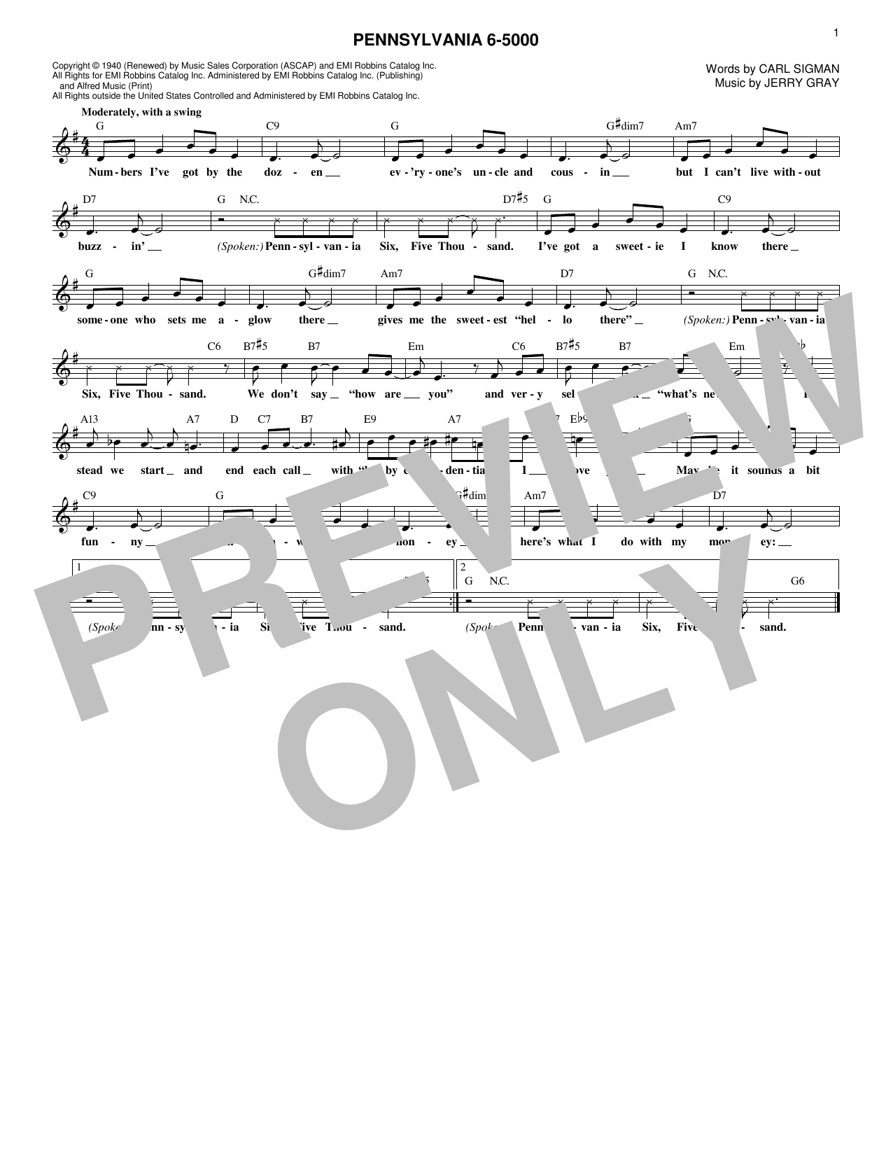 Jerry Gray Pennsylvania 6-5000 Sheet Music