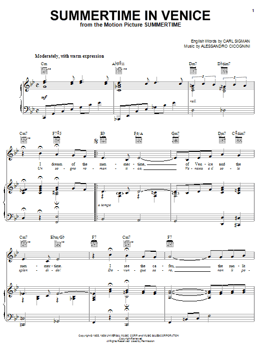 Jerry Vale Summertime In Venice Sheet Music