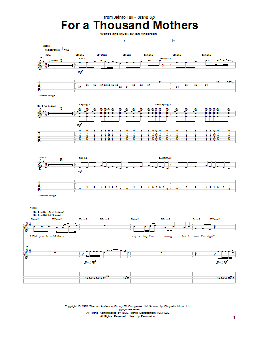 Jethro Tull For A Thousand Mothers Sheet Music