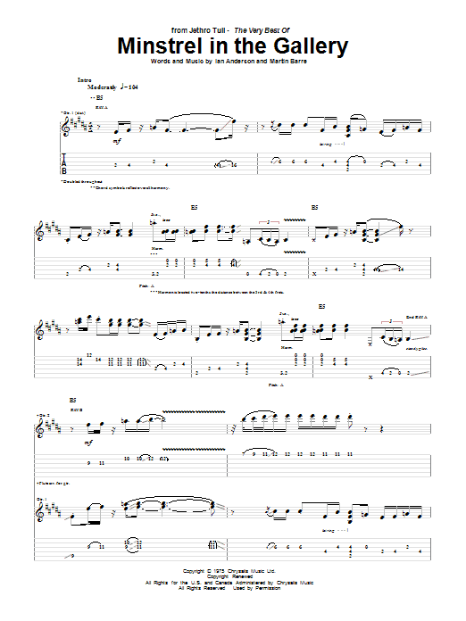 Jethro Tull Minstrel In The Gallery Sheet Music