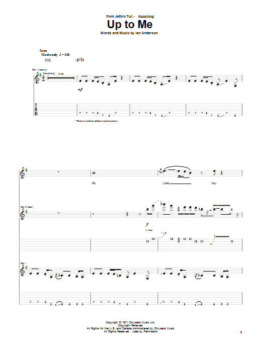 Jethro Tull Up To Me Sheet Music