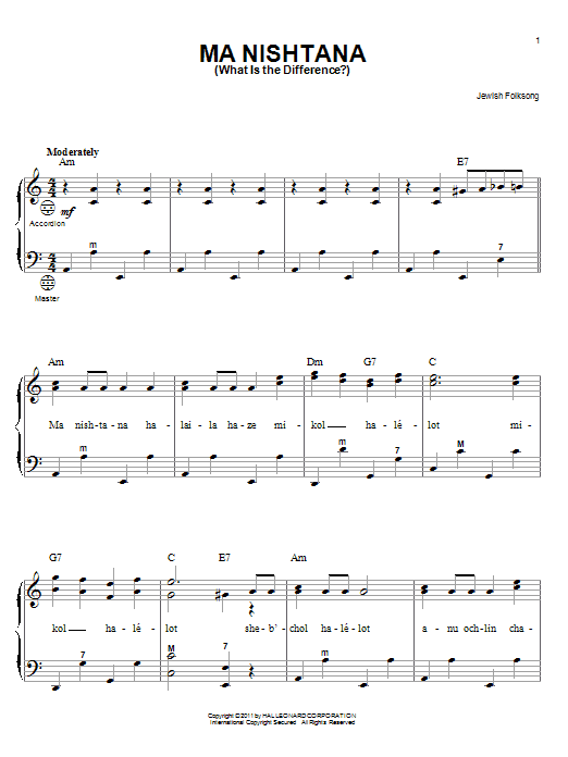 Jewish Folksong Ma Nishtana (What Is The Difference?) Sheet Music