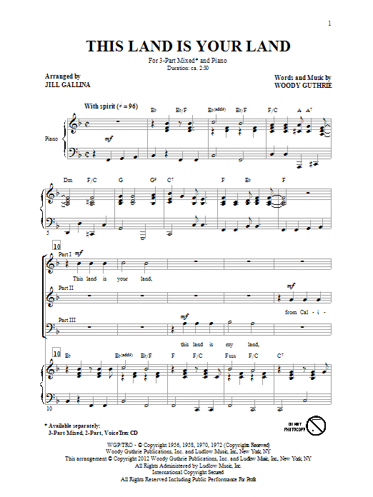 Jill Gallina This Land Is Your Land (arr. Jill Gallina) Sheet Music