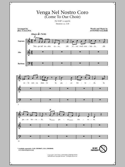 Jill Gallina Venga Nel Nostro Coro Sheet Music