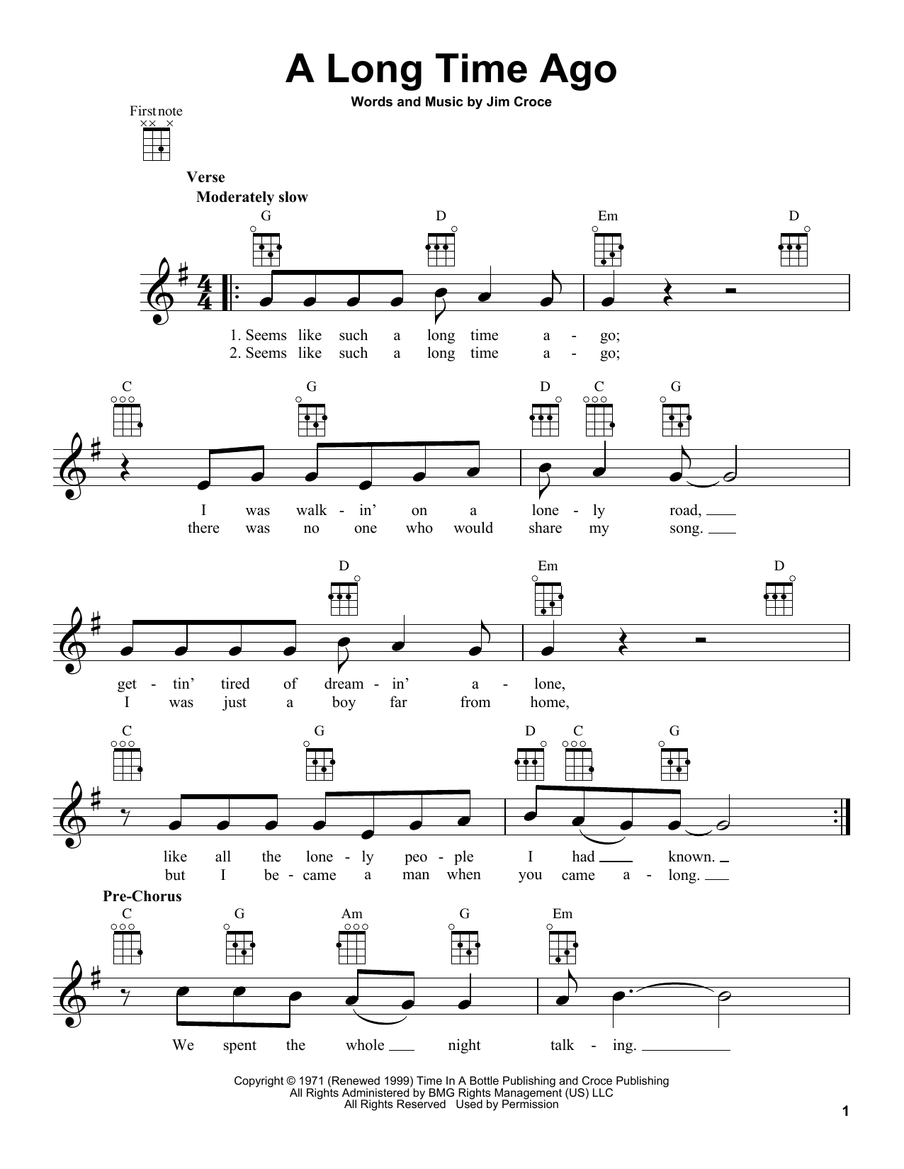 Jim Croce A Long Time Ago Sheet Music