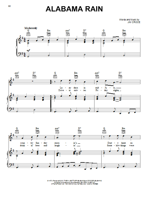 Jim Croce Alabama Rain Sheet Music