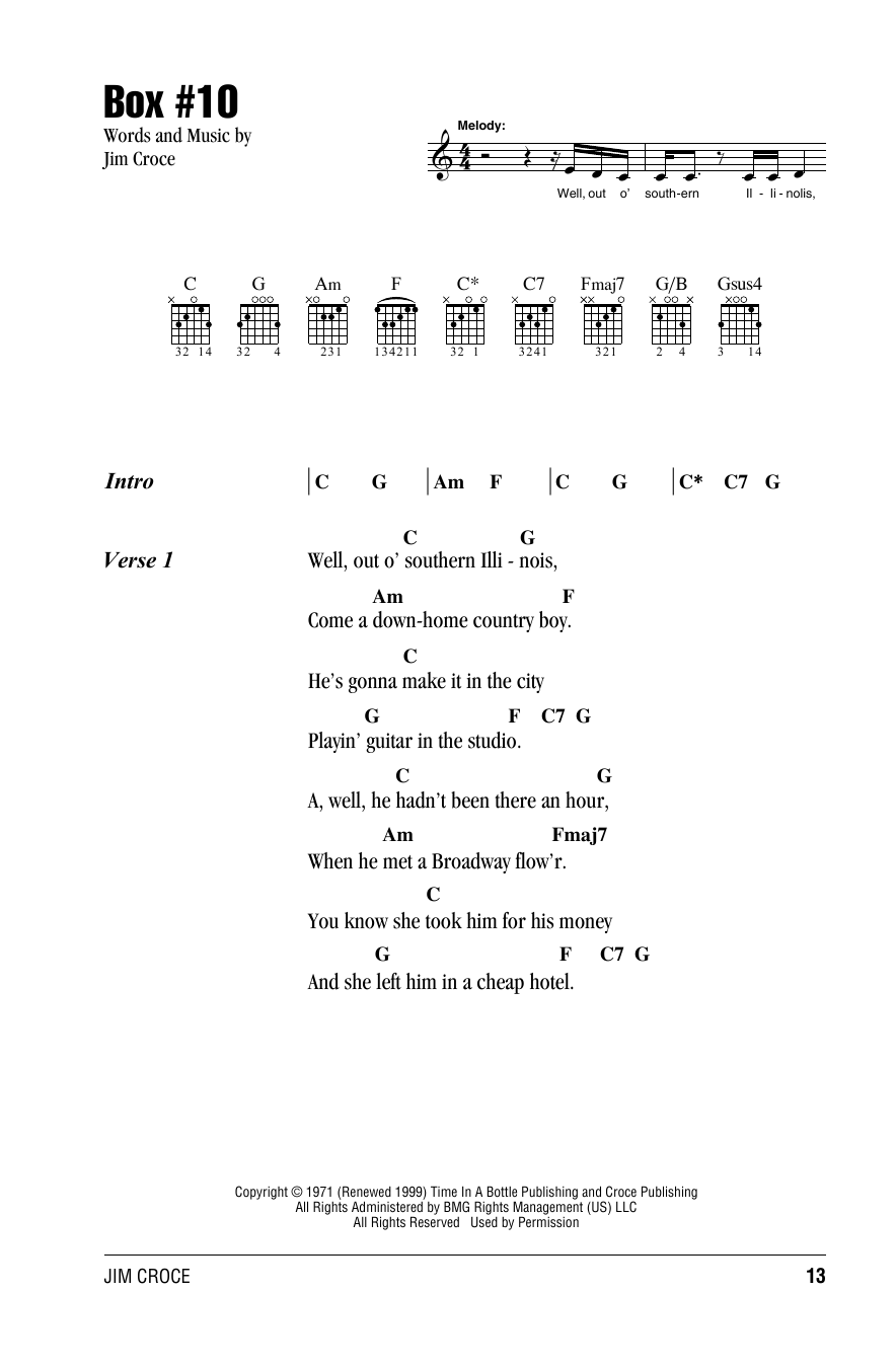 Jim Croce Box #10 Sheet Music