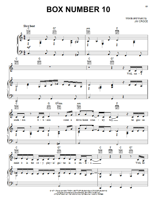 Jim Croce Box Number 10 Sheet Music
