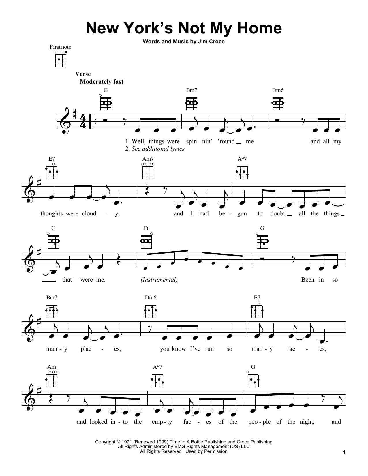 Jim Croce New York's Not My Home Sheet Music