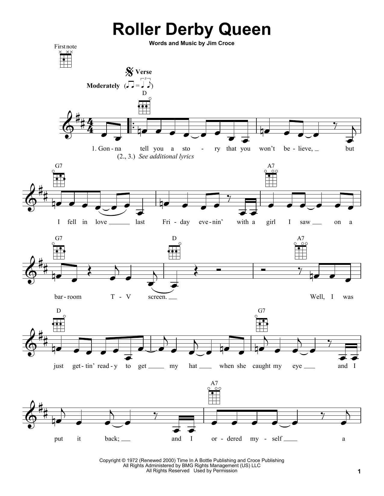Jim Croce Roller Derby Queen Sheet Music