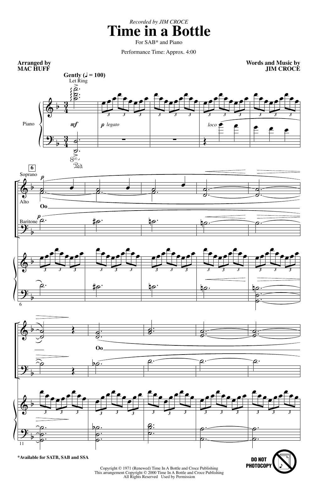 Jim Croce Time In A Bottle (arr. Mac Huff) Sheet Music