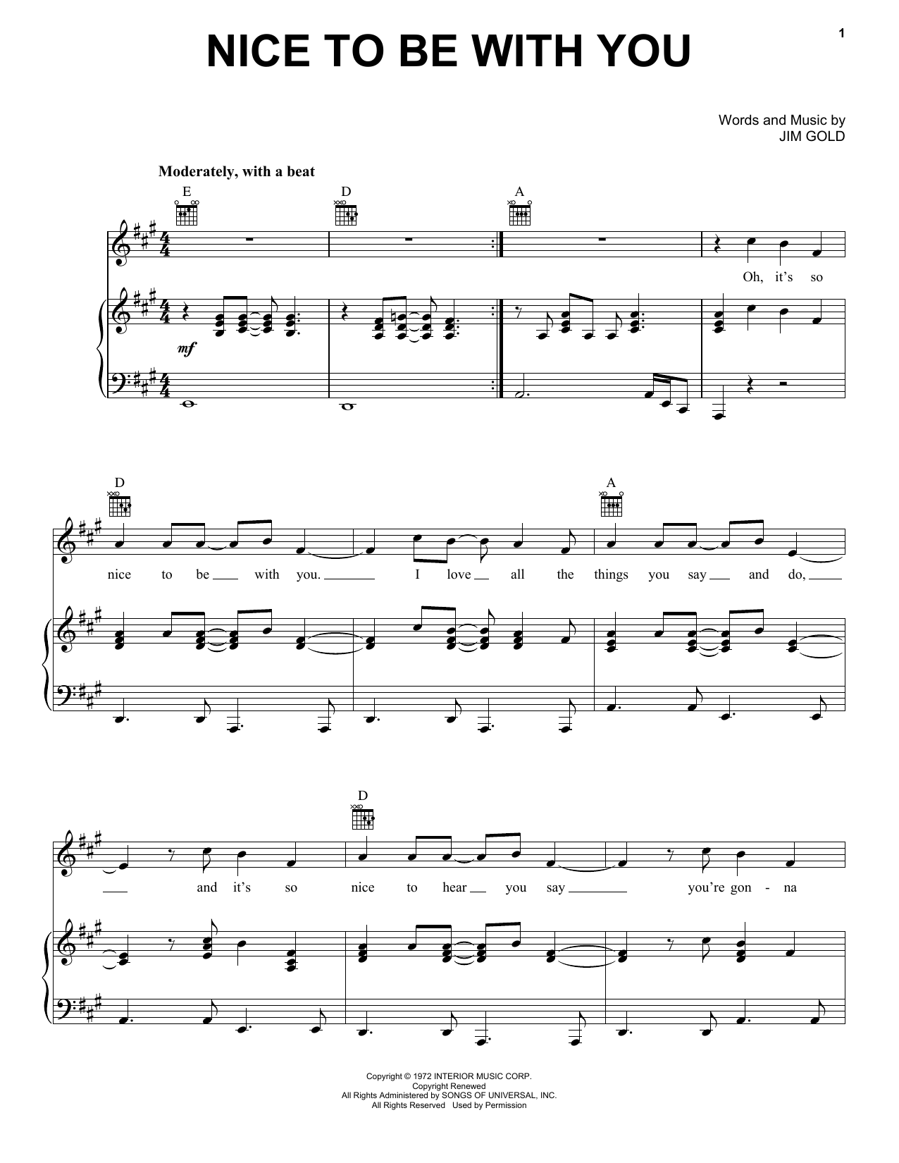 Jim Gold Nice To Be With You Sheet Music