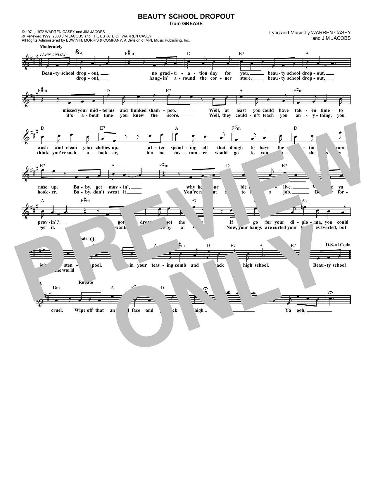 Jim Jacobs Beauty School Dropout Sheet Music