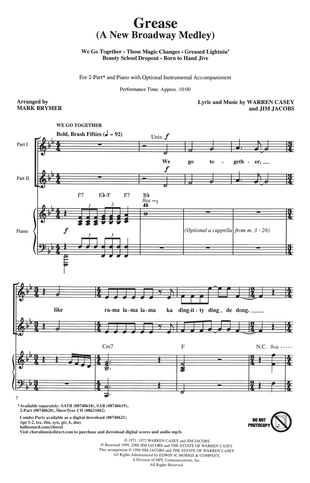 Jim Jacobs & Warren Casey Grease: A New Broadway Medley (arr. Mark Brymer) Sheet Music