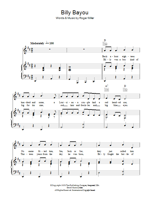 Jim Reeves Billy Bayou Sheet Music