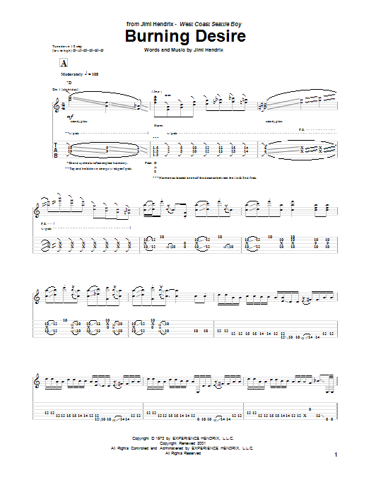 Jimi Hendrix Burning Desire Sheet Music