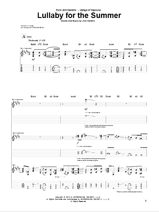Jimi Hendrix Lullaby For The Summer Sheet Music