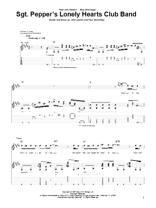 Jimi Hendrix Sgt. Pepper's Lonely Hearts Club Band Sheet Music