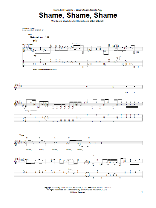 Jimi Hendrix Shame, Shame, Shame Sheet Music