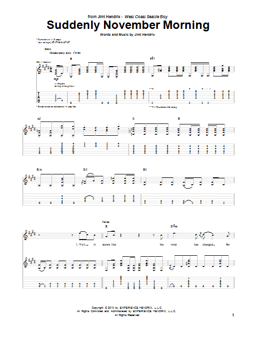 Jimi Hendrix Suddenly November Morning Sheet Music