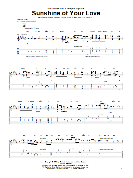 Jimi Hendrix Sunshine Of Your Love Sheet Music