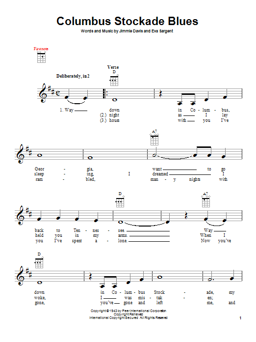 Jimmie Davis Columbus Stockade Blues Sheet Music