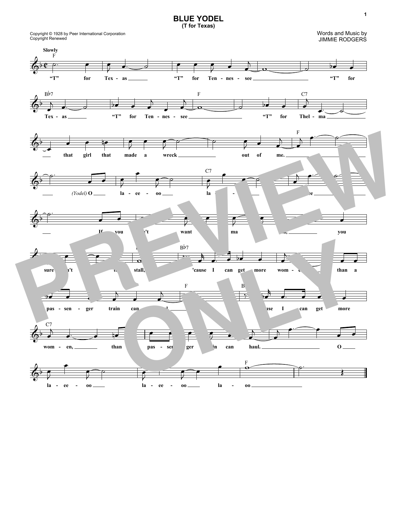 Jimmie Rodgers Blue Yodel No. 1 (T For Texas) Sheet Music