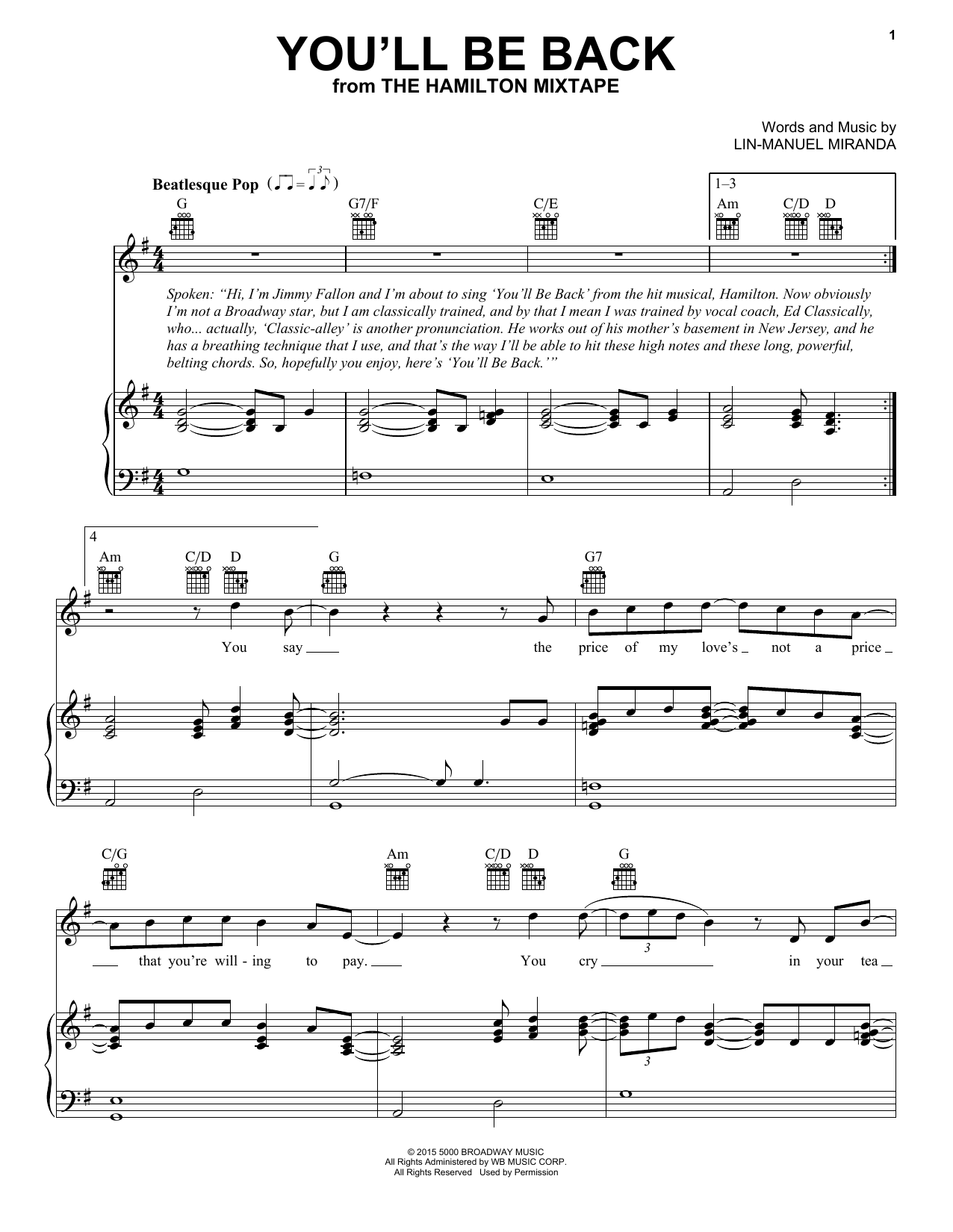 Jimmy Fallon, The Roots You'll Be Back Sheet Music