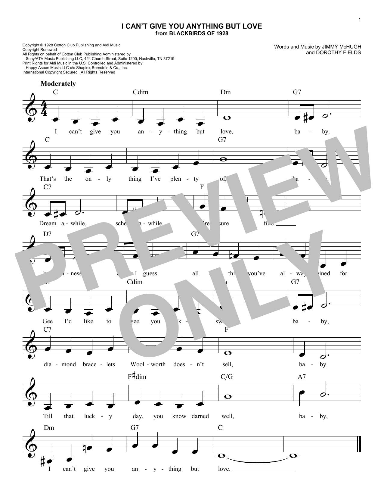 Jimmy McHugh and Dorothy Fields I Can't Give You Anything But Love (from Blackbirds of 1928) Sheet Music