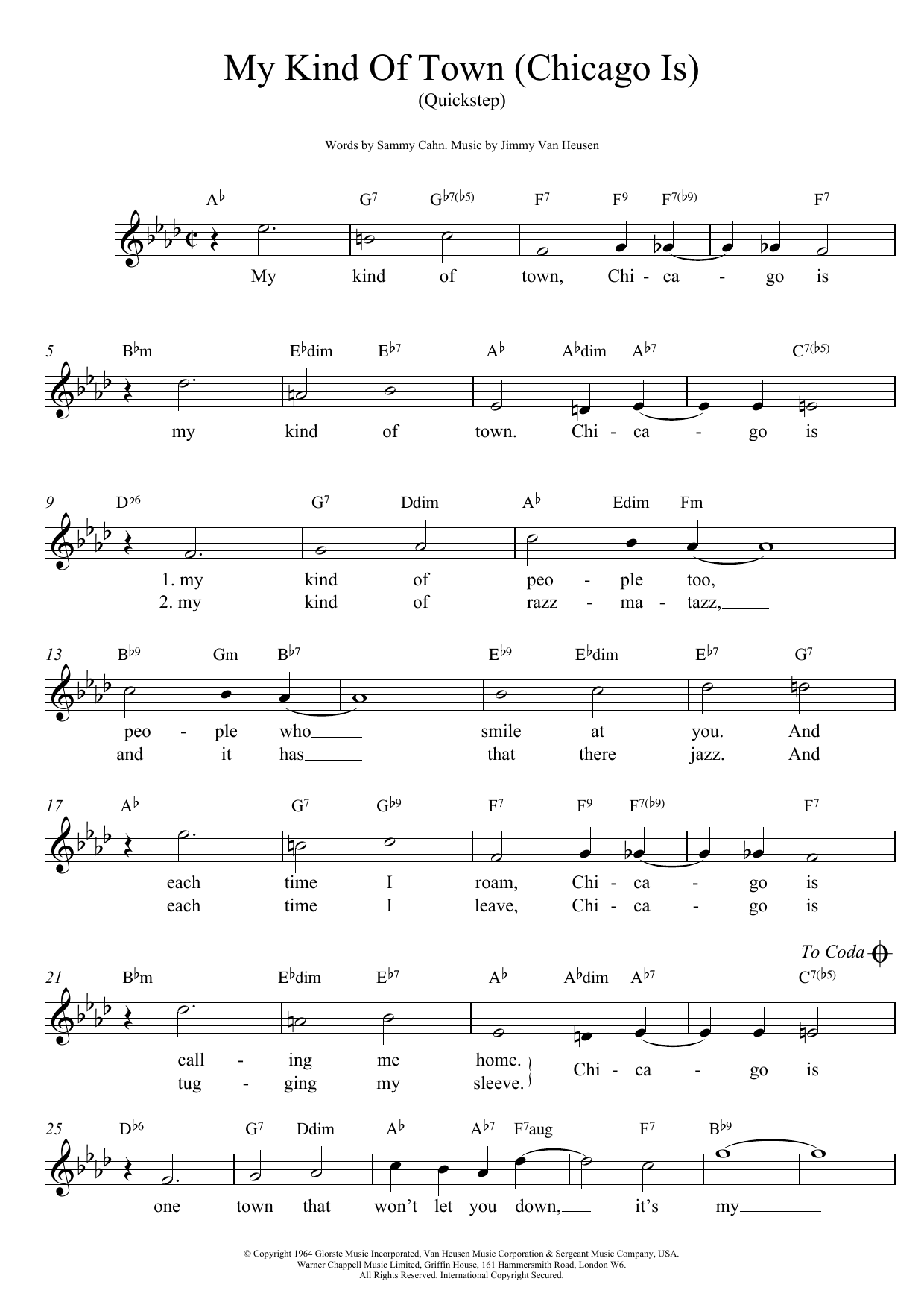 Jimmy Van Heusen My Kind Of Town (Chicago Is) Sheet Music