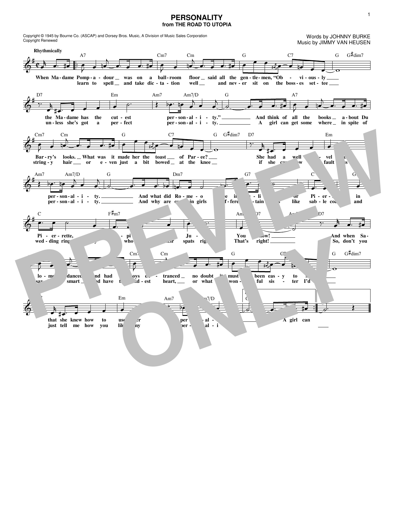Jimmy Van Heusen Personality Sheet Music