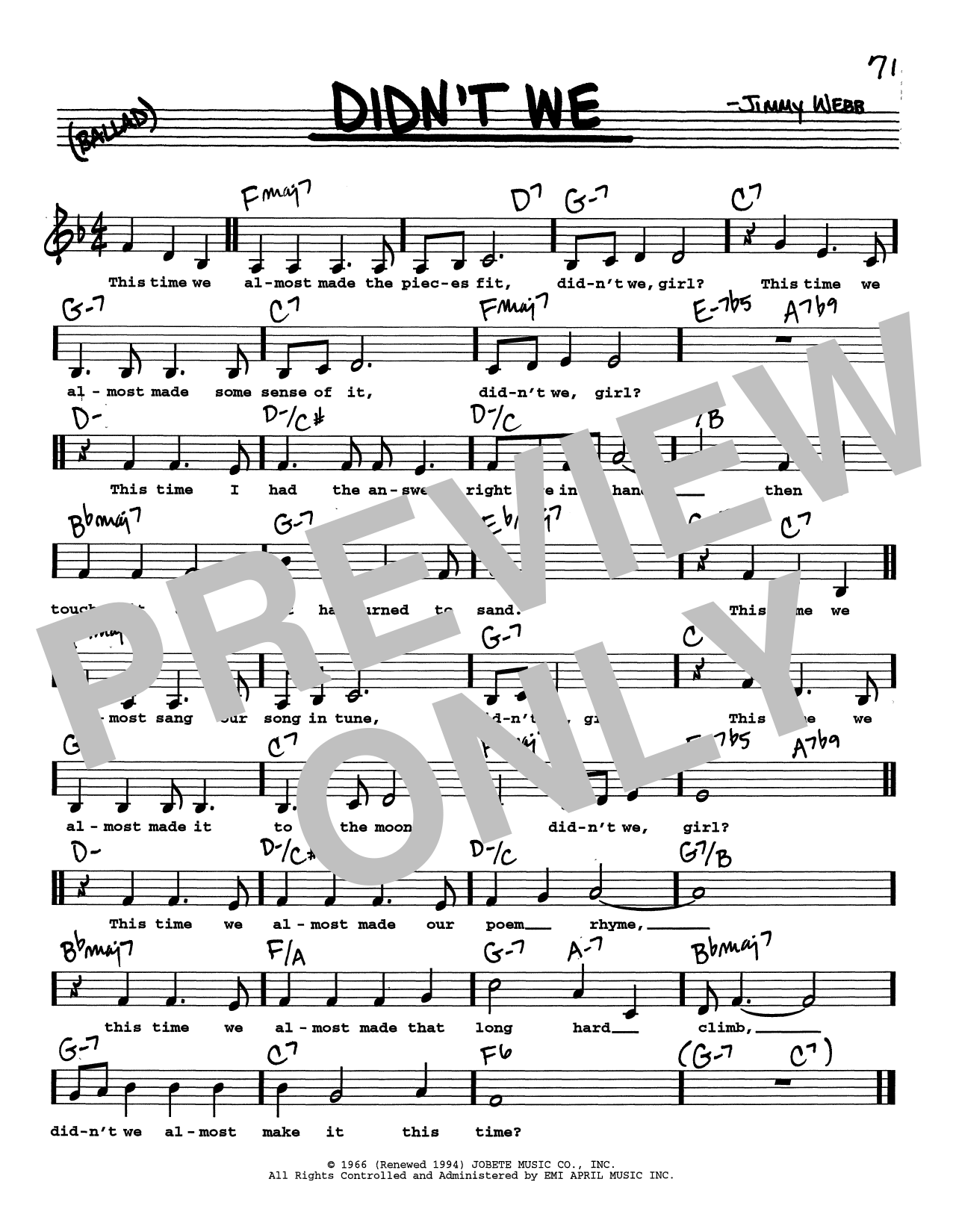 Jimmy Webb Didn't We (Low Voice) Sheet Music