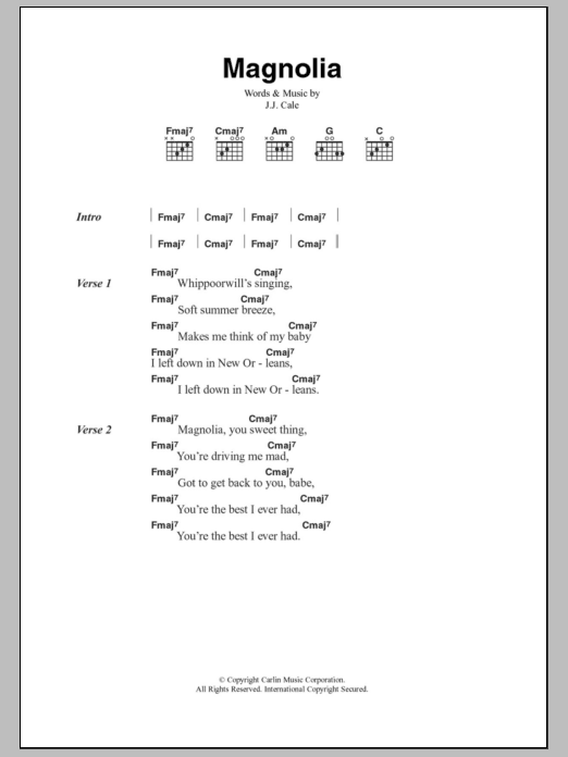 J.J. Cale Magnolia Sheet Music