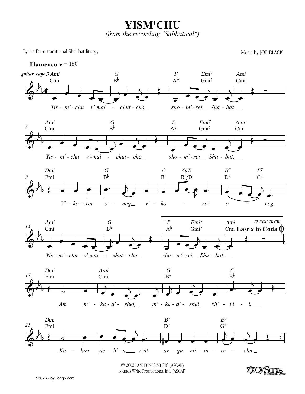 Joe Black Yismechu Sheet Music