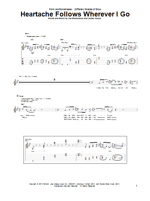 Joe Bonamassa Heartache Follows Wherever I Go Sheet Music