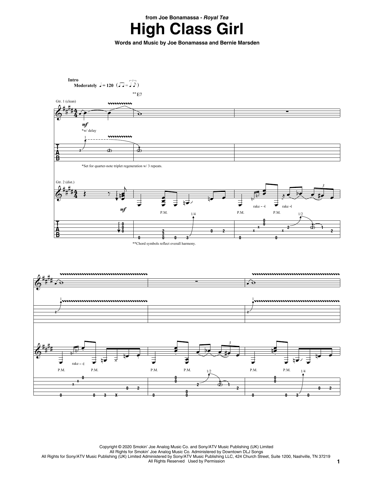 Joe Bonamassa High Class Girl Sheet Music