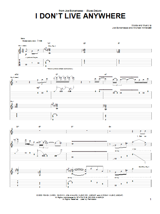 Joe Bonamassa I Don't Live Anywhere Sheet Music