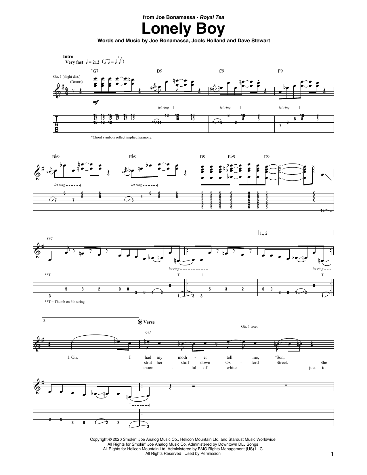 Joe Bonamassa Lonely Boy Sheet Music
