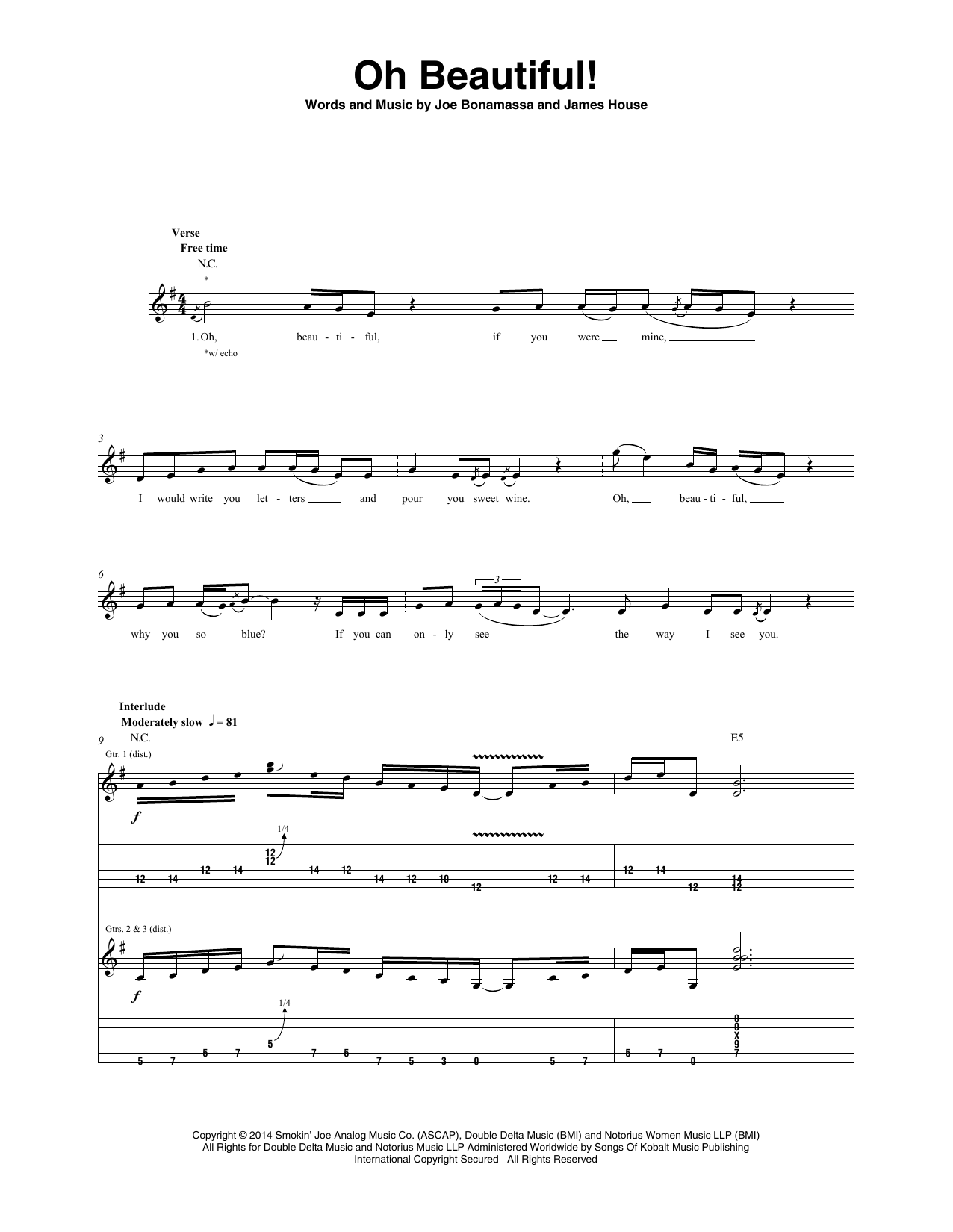 Joe Bonamassa Oh Beautiful! Sheet Music